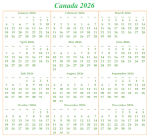 Canada 2026 Calendar Printable