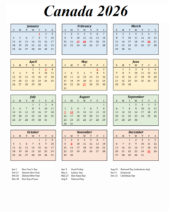 Canada Calendar 2026