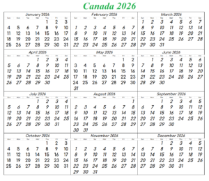 Canada Calendar 2026 PDF