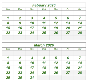 February March 2026 Calendar Template