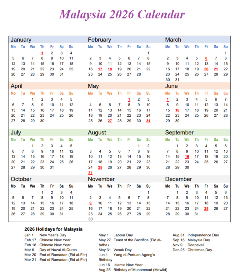 Blank Malaysia 2026 Calendar Printable with Holidays