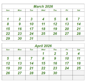 March & April 2026 Printable Calendar
