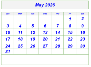 May Calendar 2026 with Notes