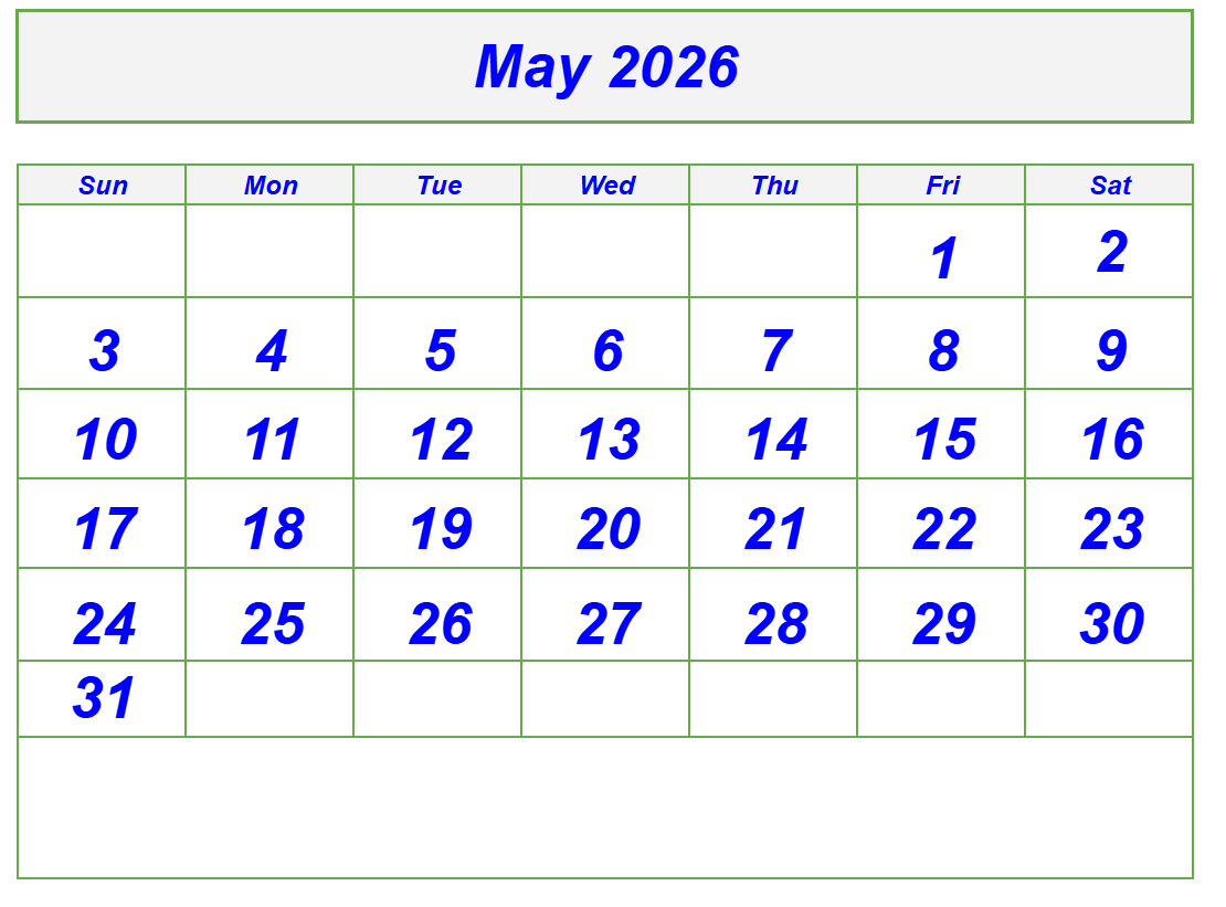 May Calendar 2026 with Notes