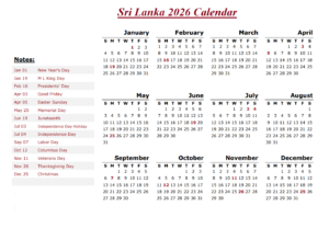 Printable Sri Lanka Calendar 2026