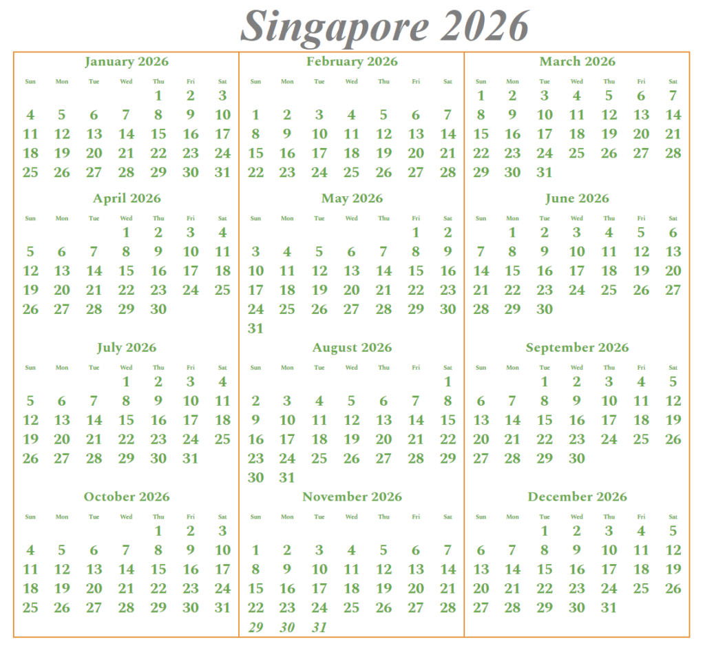 Free Singapore 2026 Calendar Printable with Holidays