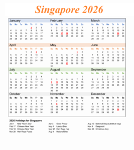 Singapore 2026 Calendar with Holidays