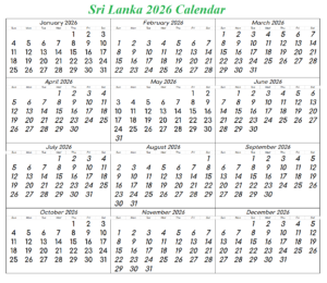 Sri Lanka 2026 Calendar with Holiday