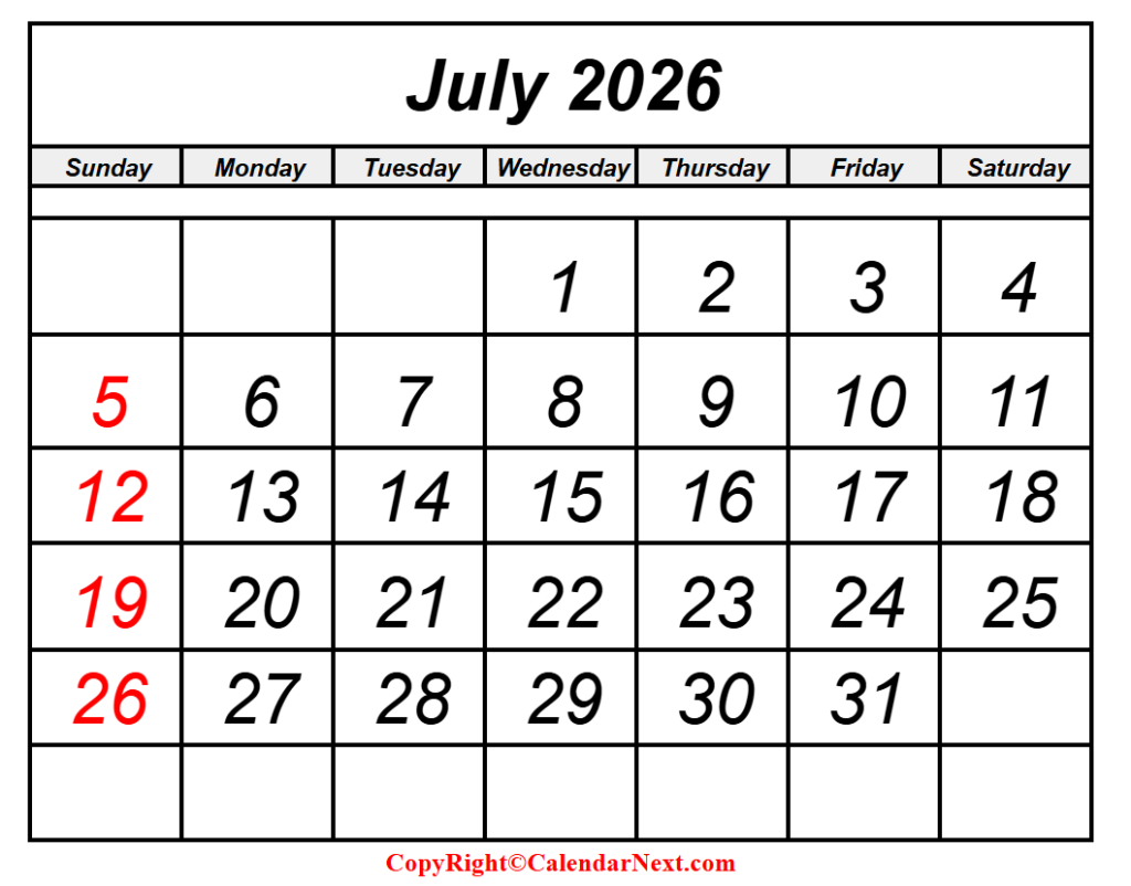 July 2026 Calendar With Holidays Calendar Next July 2026 Calendar With Holidays Calendar Next