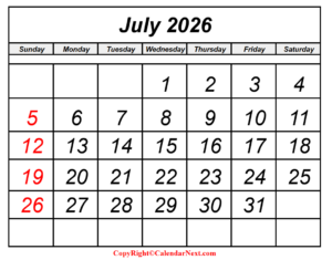 2026 July Calendar