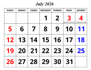 Blank July 2026 Calendar