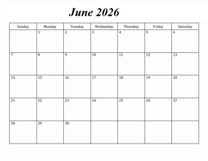 Blank June 2026 Calendar