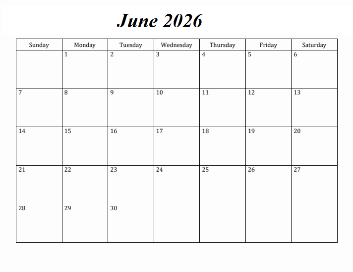Blank June 2026 Calendar