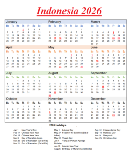 Indonesia 2026 Calendar with Holidays