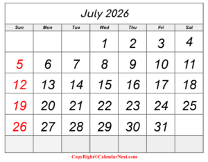 July 2026 Calendar With Holidays