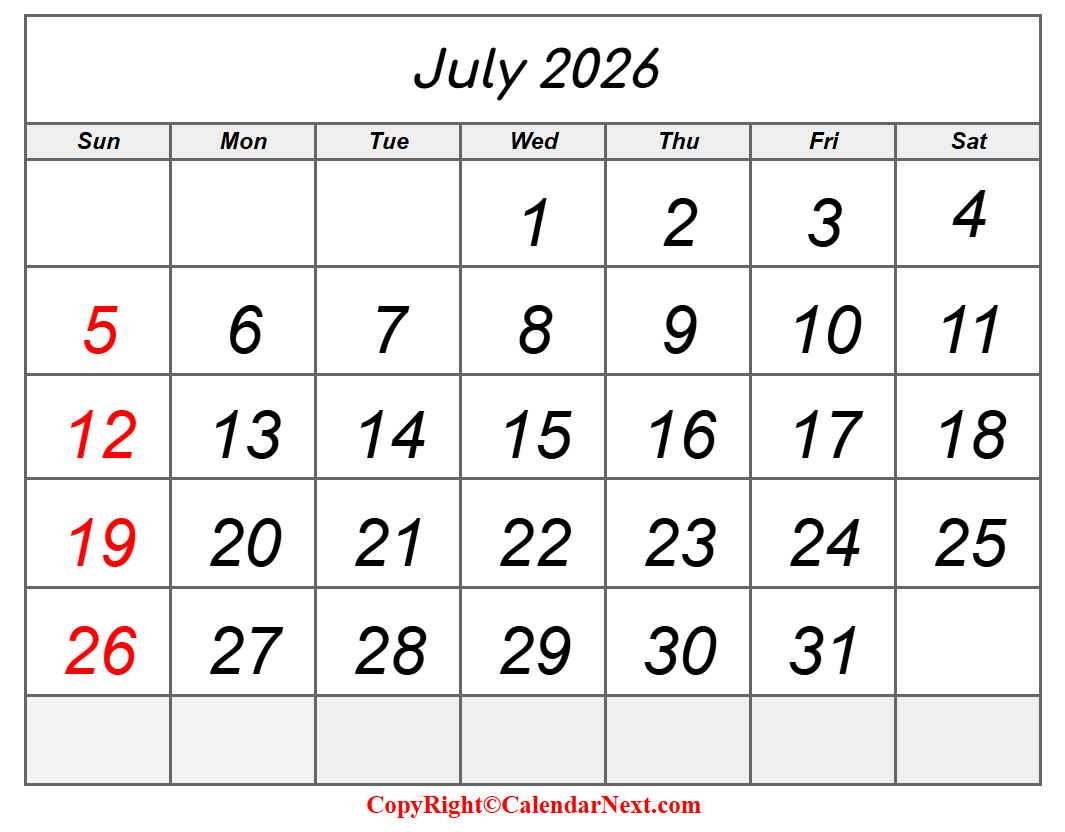 July 2026 Calendar Printable Calendar Next July 2026 Calendar Printable Calendar Next