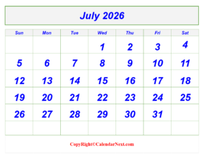 July Calendar 2026 with Notes