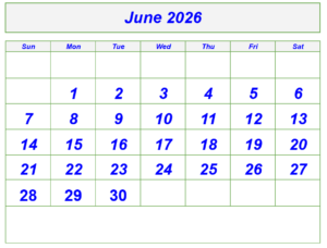 June Calendar 2026 with Notes