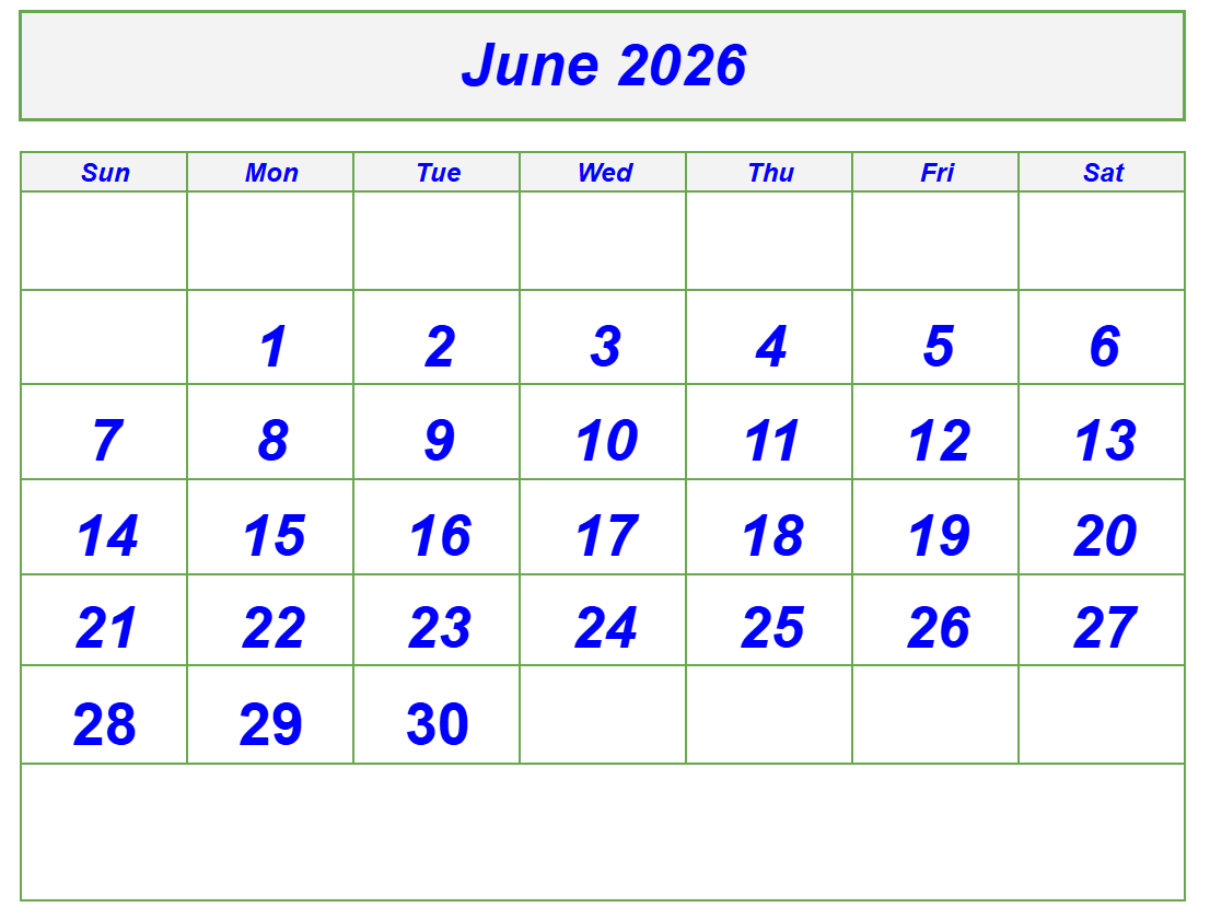 June Calendar 2026 with Notes