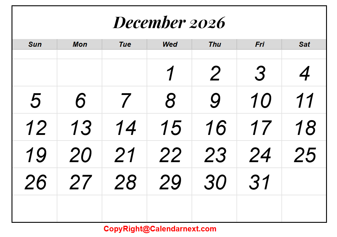 2026 December Calendar