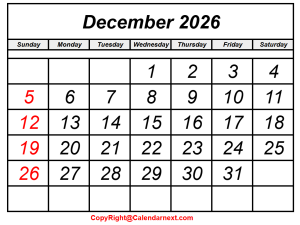 Blank December 2026 Calendar