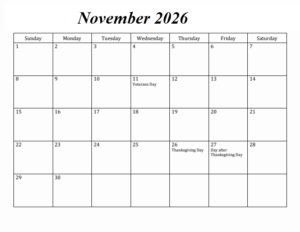 Blank November 2026 Calendar