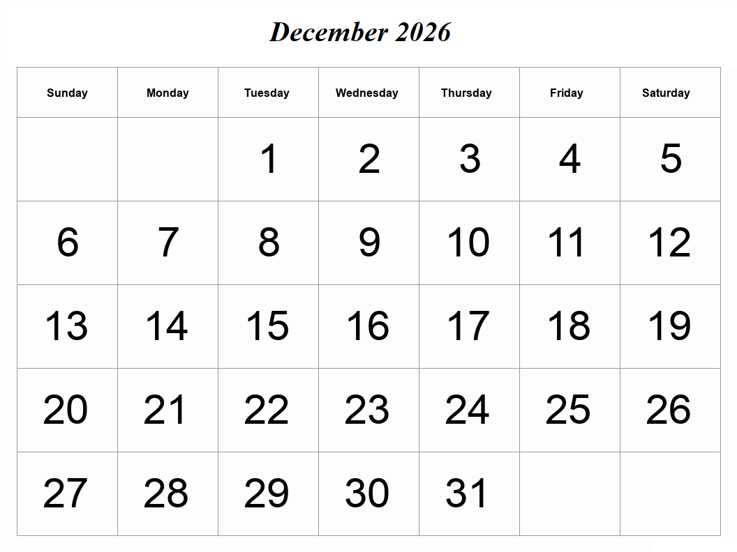 December 2026 Calendar Printable