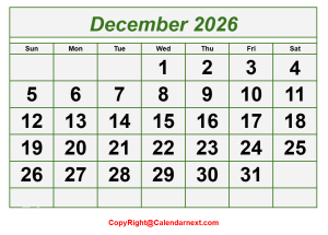 December Calendar 2026 with Notes