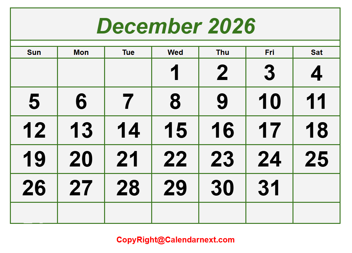 December Calendar 2026 with Notes
