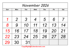 Free 2026 November Calendar
