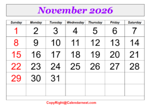 November 2026 Calendar Printable