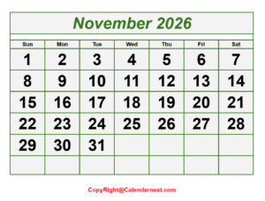 November Calendar 2026 with Notes