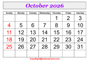 October 2026 Calendar Printable