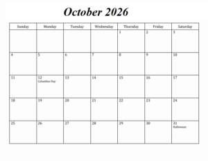 October 2026 Calendar With Holidays