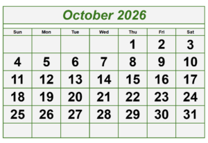 October Calendar 2026 with Notes